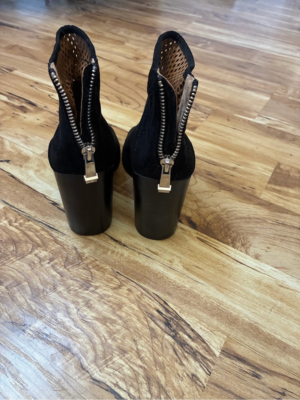 Report Black Suede Block Heel Ankle Boots with Back Zippers